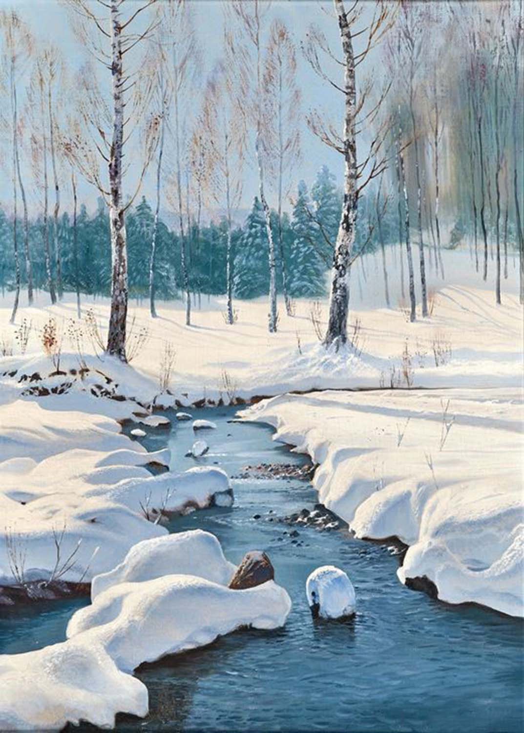 High quality wall art fine art oil painitng handpainted on canvas ”Winter Landscape with a Creek” stunningoilpainting.com