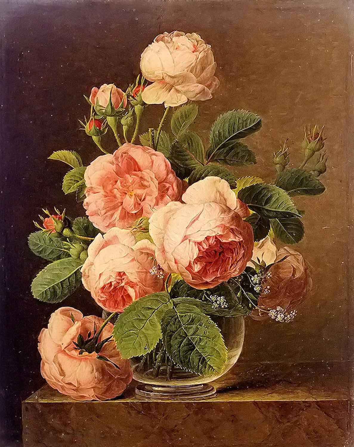 high quality wall art fine art oil painitng handpainted on canvas "still life of roses in a glass vase" stunningoilpainting.com