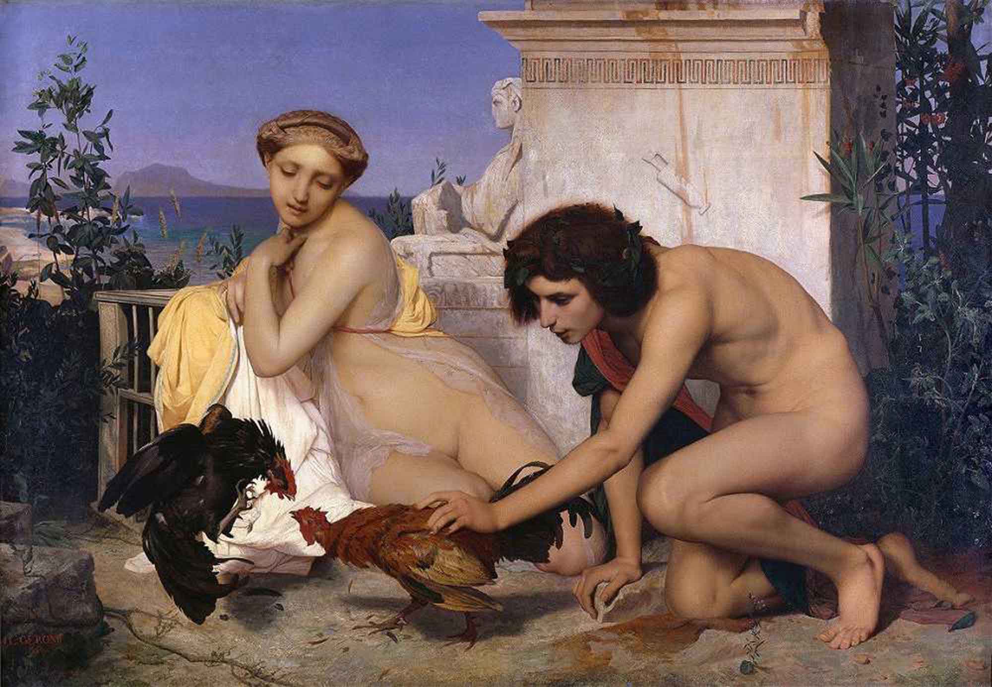 High quality wall art oil painitng handpainted on canvas "Young Greeks participating in cockfighting“ stunningoilpainting.com