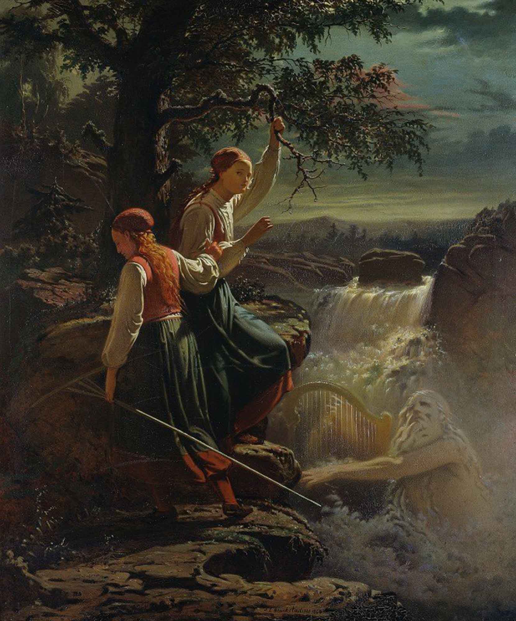 High quality wall art oil painitng handpainted on canvas " Two Peasant Girls Listening to the Playing of the WaterSprite“ stunningoilpainting.com