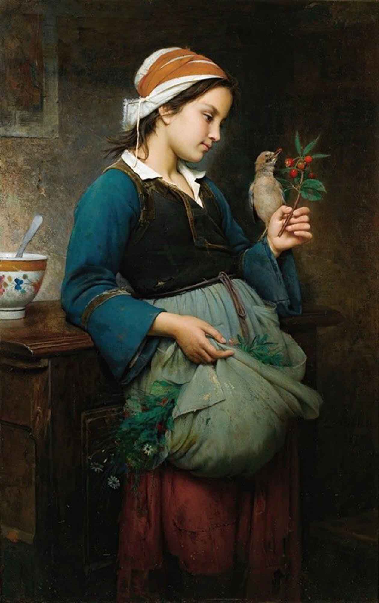 High quality wall art oil painitng handpainted on canvas "a girl with a bird“ stunningoilpainting.com