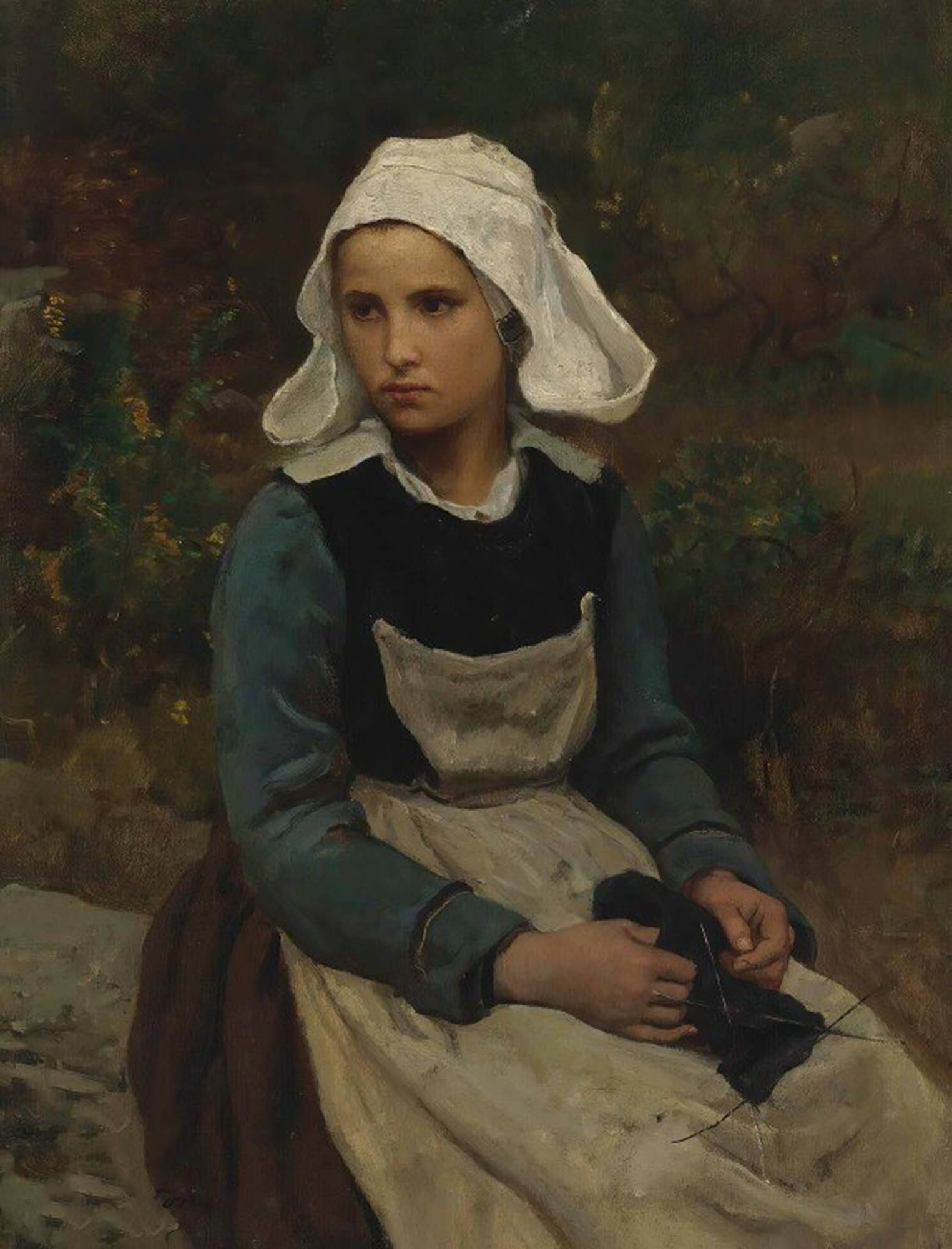 High quality wall art oil painitng handpainted on canvas "Young Brittany Girl Knitting“ stunningoilpainting.com