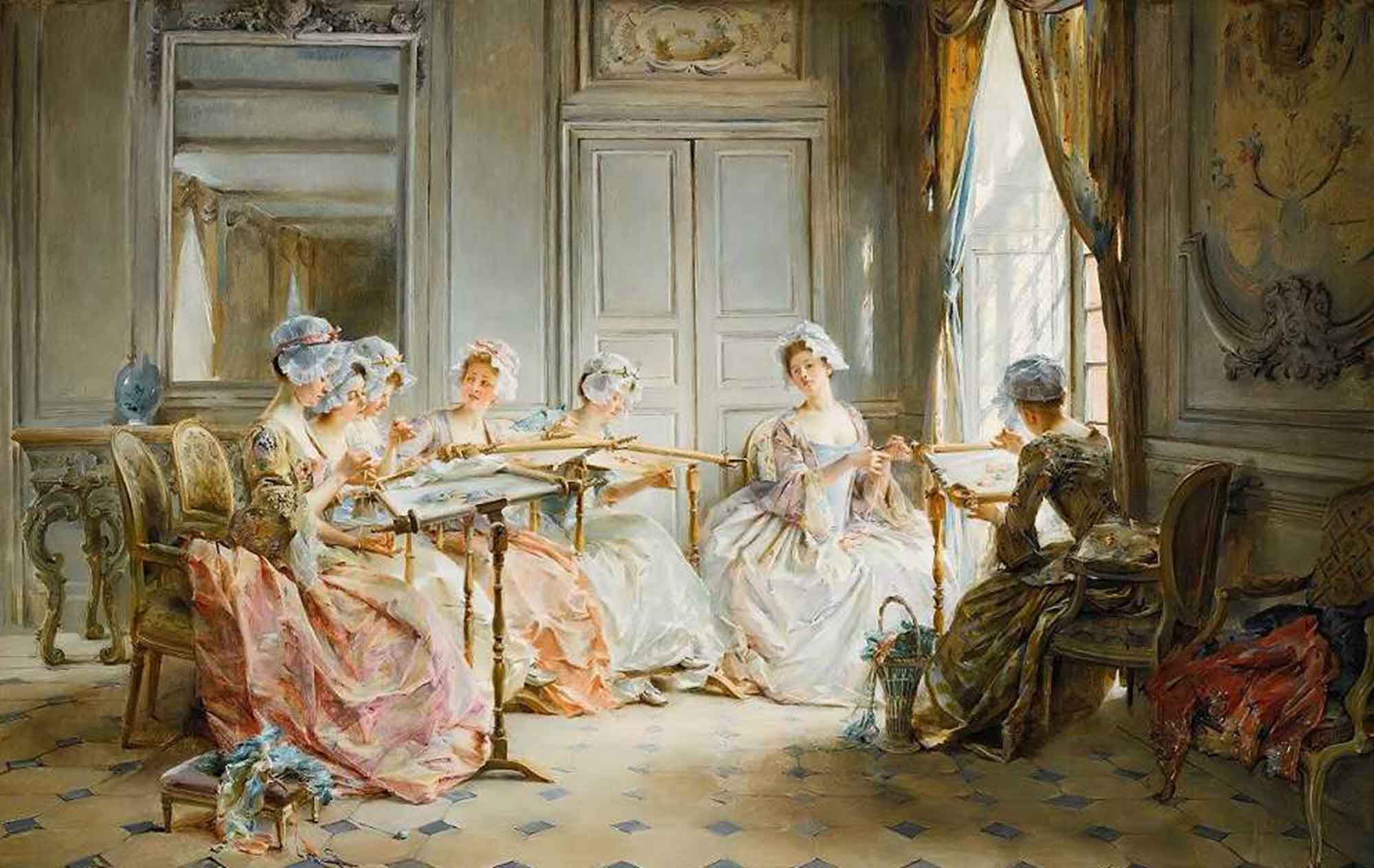 High quality wall art oil painitng handpainted on canvas "The embroidery class“ stunningoilpainting.com