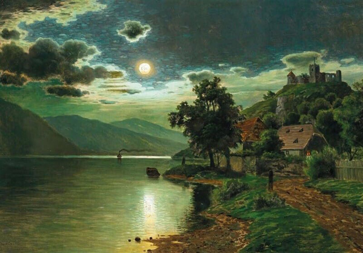High quality wall art fine art oil painitng handpainted on canvas" A Moonlit Night on a Lake" stunningoilpainting.com