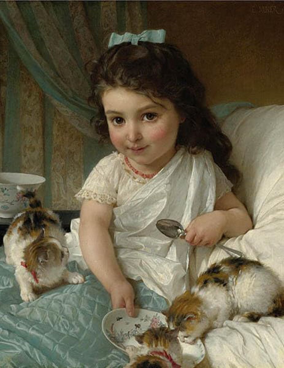 high quality Hand-Painted Oil Art on canvas"little girl and cats" stunningoilpainting.com