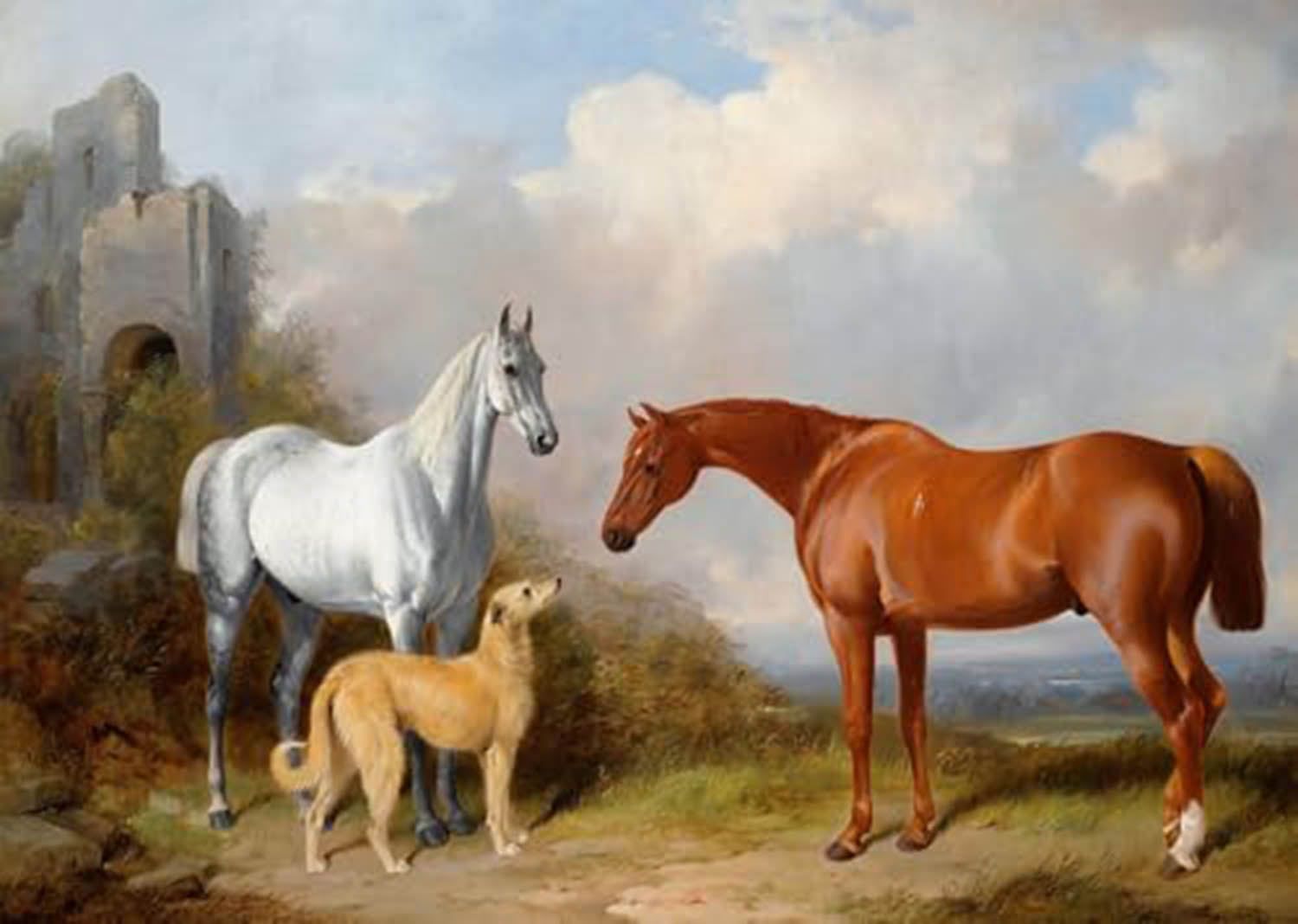 High quality wall art fine art oil painitng handpainted on canvas"two horses and a dog" stunningoilpainting.com