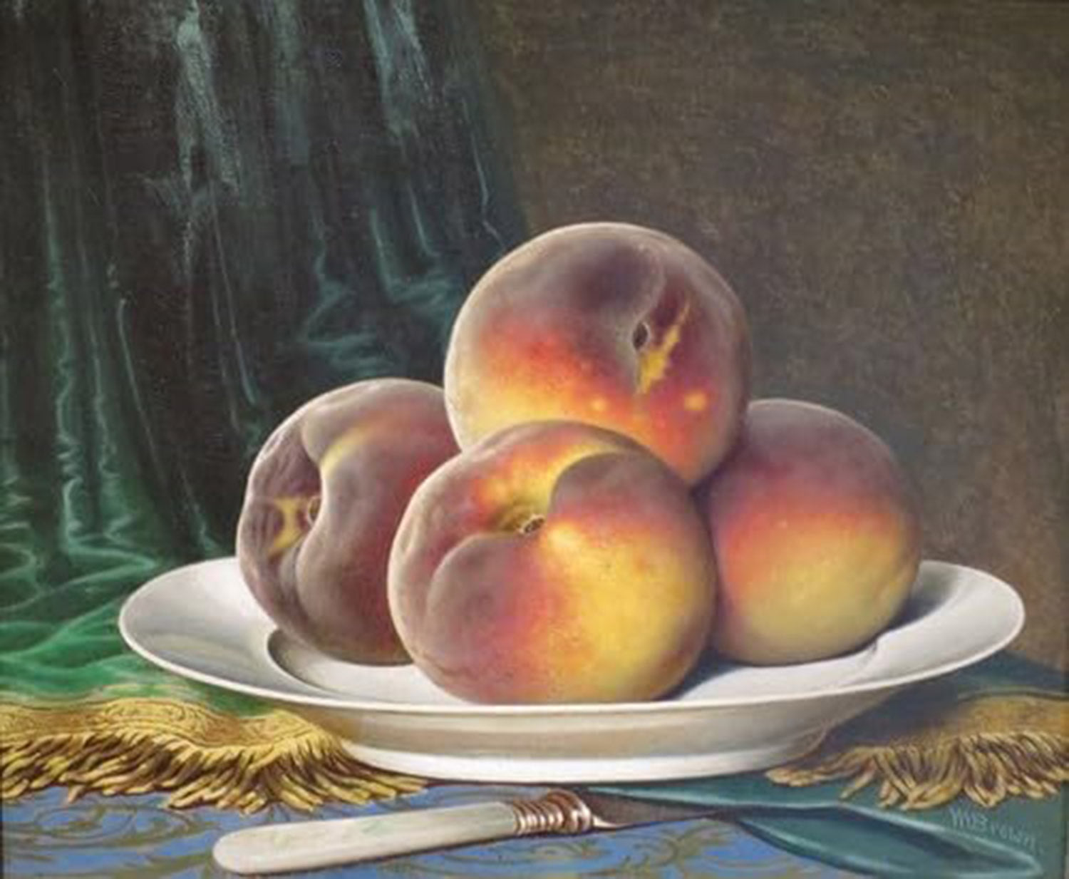 High quality wall art fine art oil painitng handpainted on canvas Peaches on a White Plate" stunningoilpainting.com