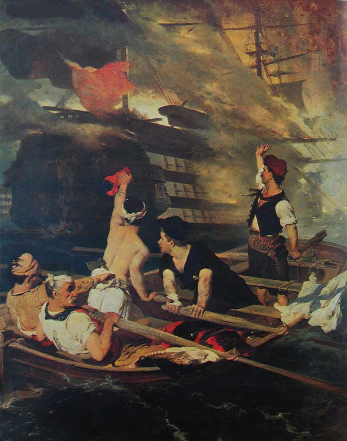 high quality wall art oil painitng handpainted on canvas"the attack to the turkish flagship by a fireship" stunningoilpainting.com