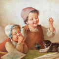 High quality wall art oil painitng handpainted on canvas"two children with a cat" stunningoilpainting.com