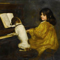 high quality wall art oil painitng handpainted on canvas "The girl and the dog are playing the piano" stunningoilpainting.com