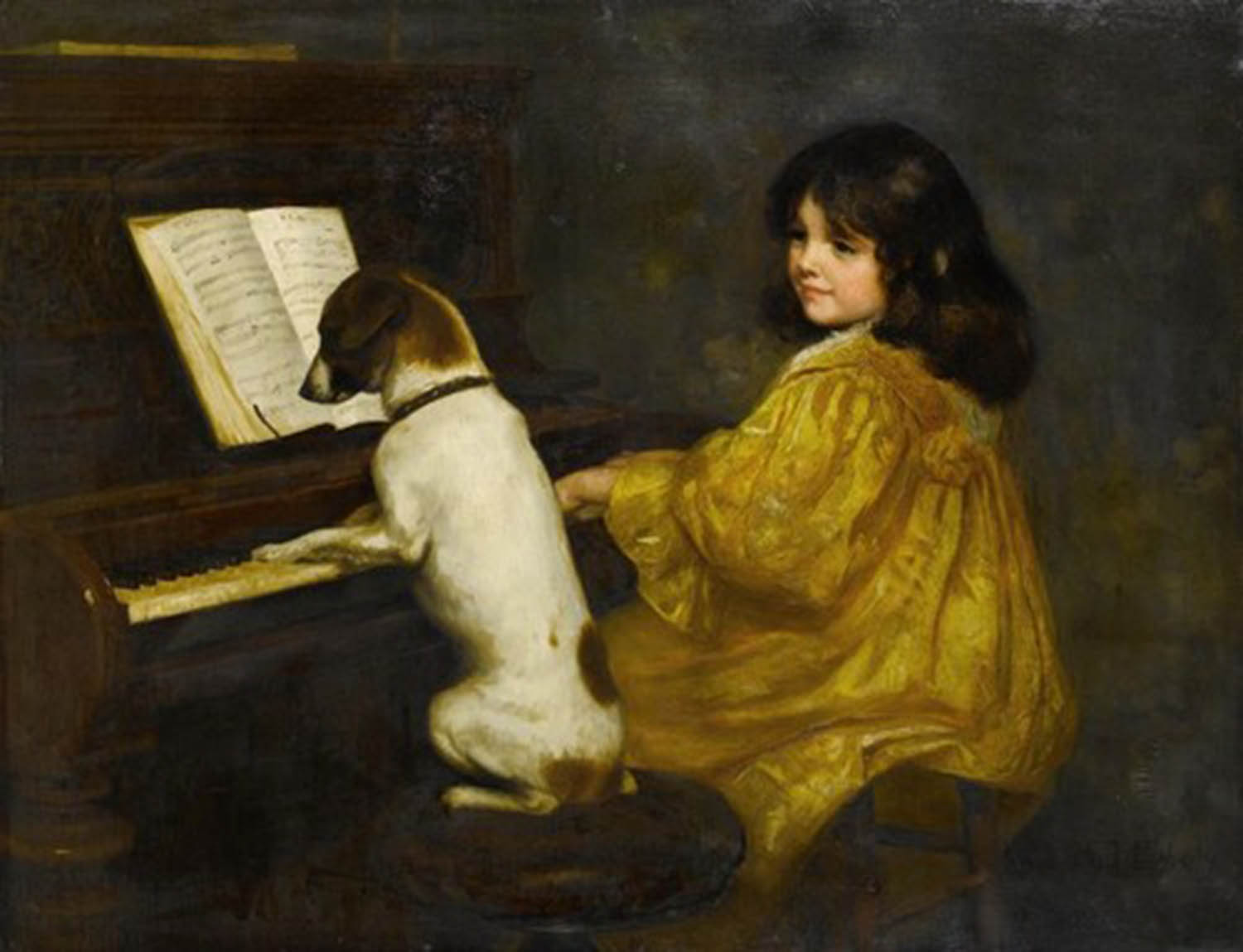 high quality wall art oil painitng handpainted on canvas "The girl and the dog are playing the piano" stunningoilpainting.com