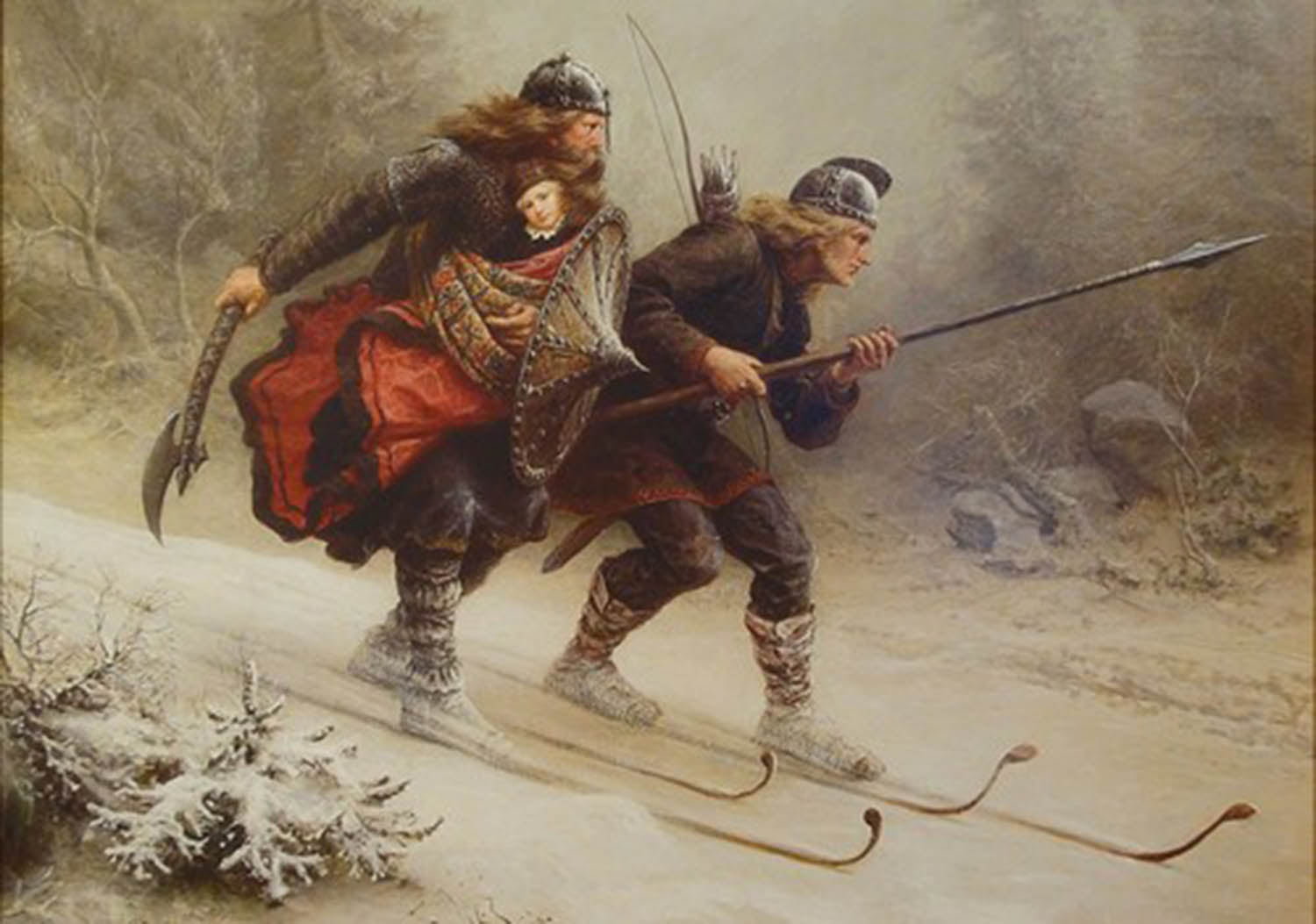 high quality wall art oil painitng handpainted on canvas "skiers carrying Prince to a safely place" stunningoilpainting.com