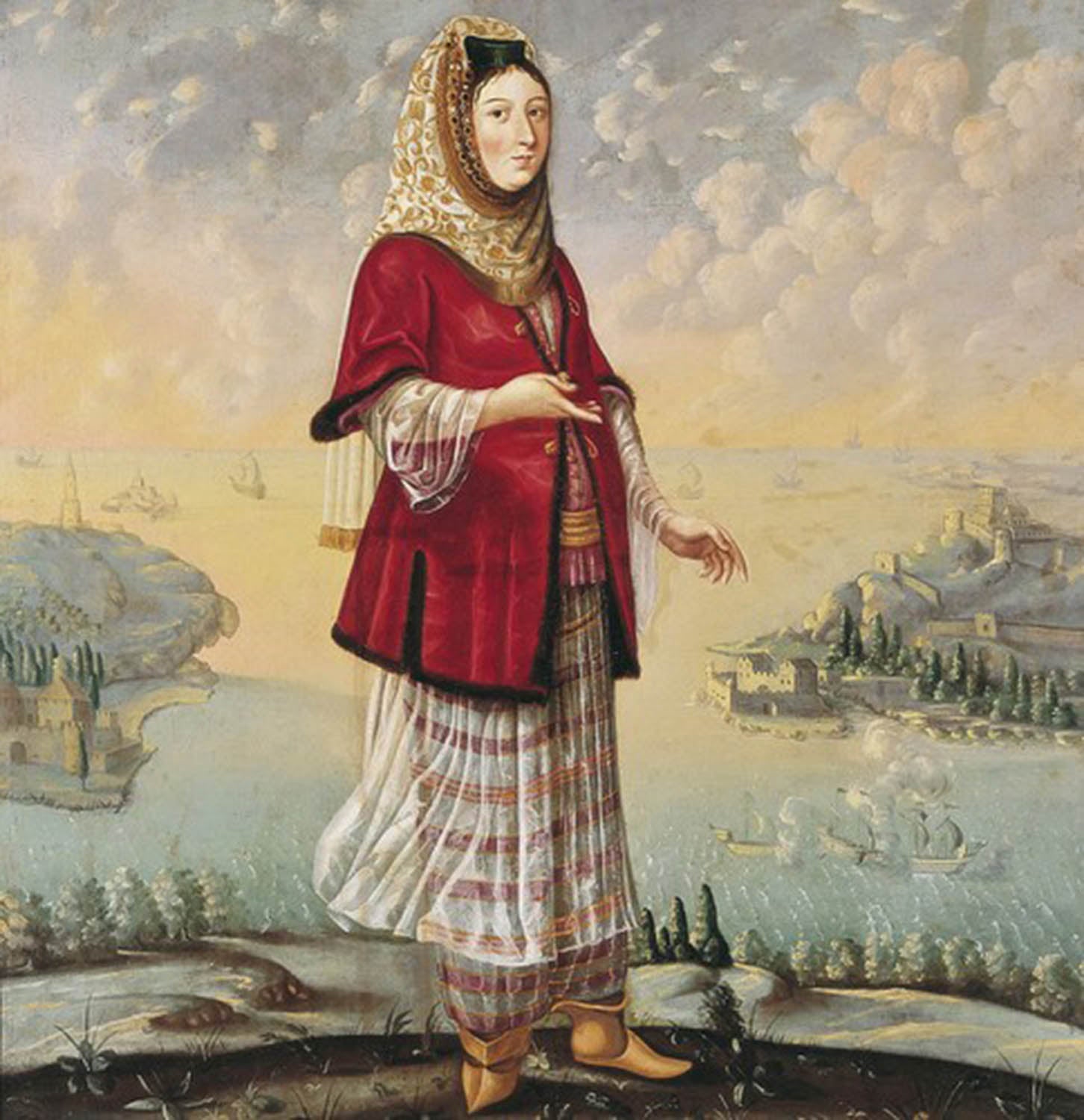 high quality wall art oil painitng handpainted on canvas "Armenian woman,buildings,sea" stunningoilpainting.com