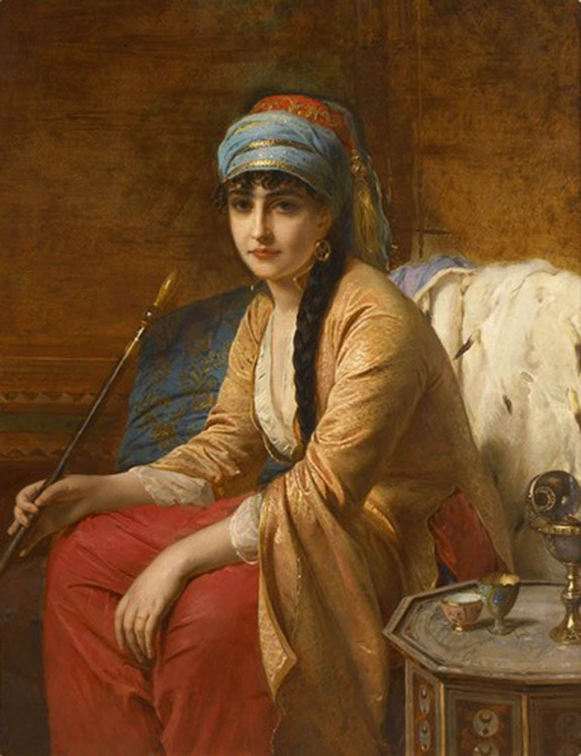 High quality wall art fine art oil painitng handpainted on canvas" Turkish Woman and Chibouk" stunningoilpainting.com