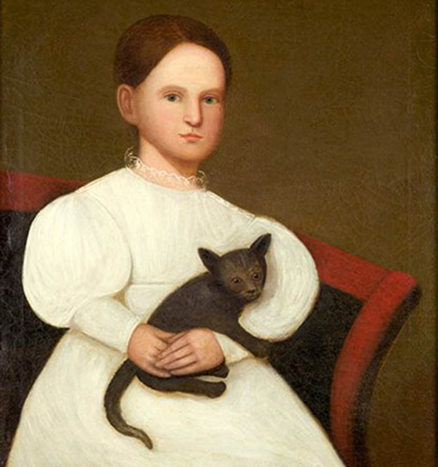 High quality wall art fine art oil painitng handpainted on canvas "Girl in White Dress with Black Cat " stunningoilpainting.com