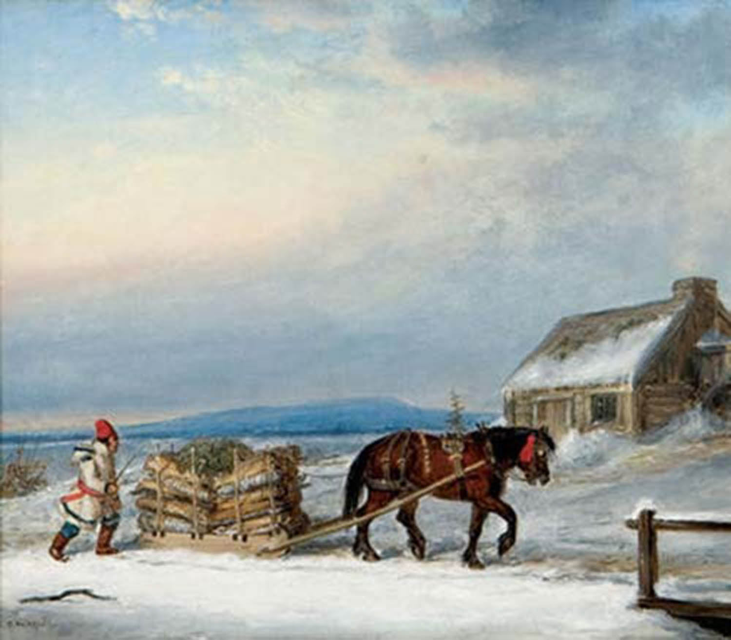 High quality wall art fine art oil painitng handpainted on canvas"Figure, House and Sleigh in Snow" stunningoilpainting.com
