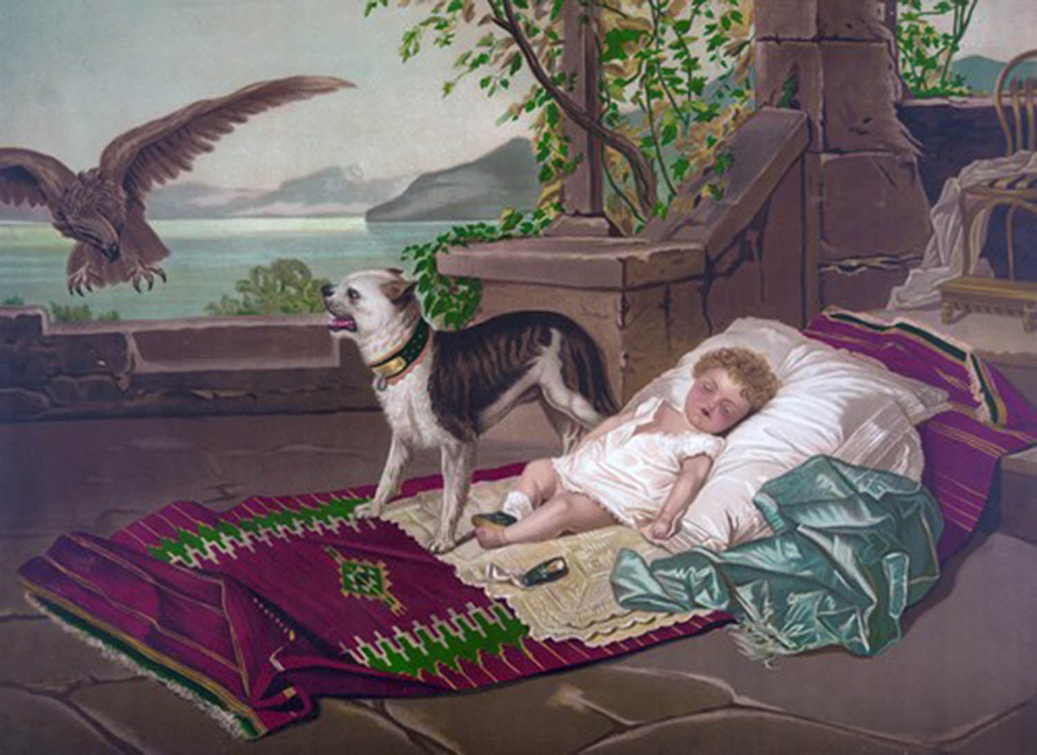 High quality wall art fine art oil painitng handpainted on canvas"a dog guarding a baby from an eagle" stunningoilpainting.com