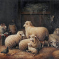 High quality wall art fine art oil painitng handpainted on canvas"Sheep and dog in a barn " stunningoilpainting.com