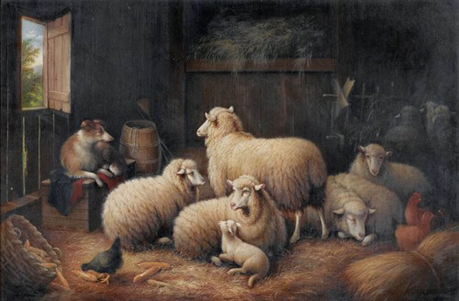 High quality wall art fine art oil painitng handpainted on canvas"Sheep and dog in a barn " stunningoilpainting.com