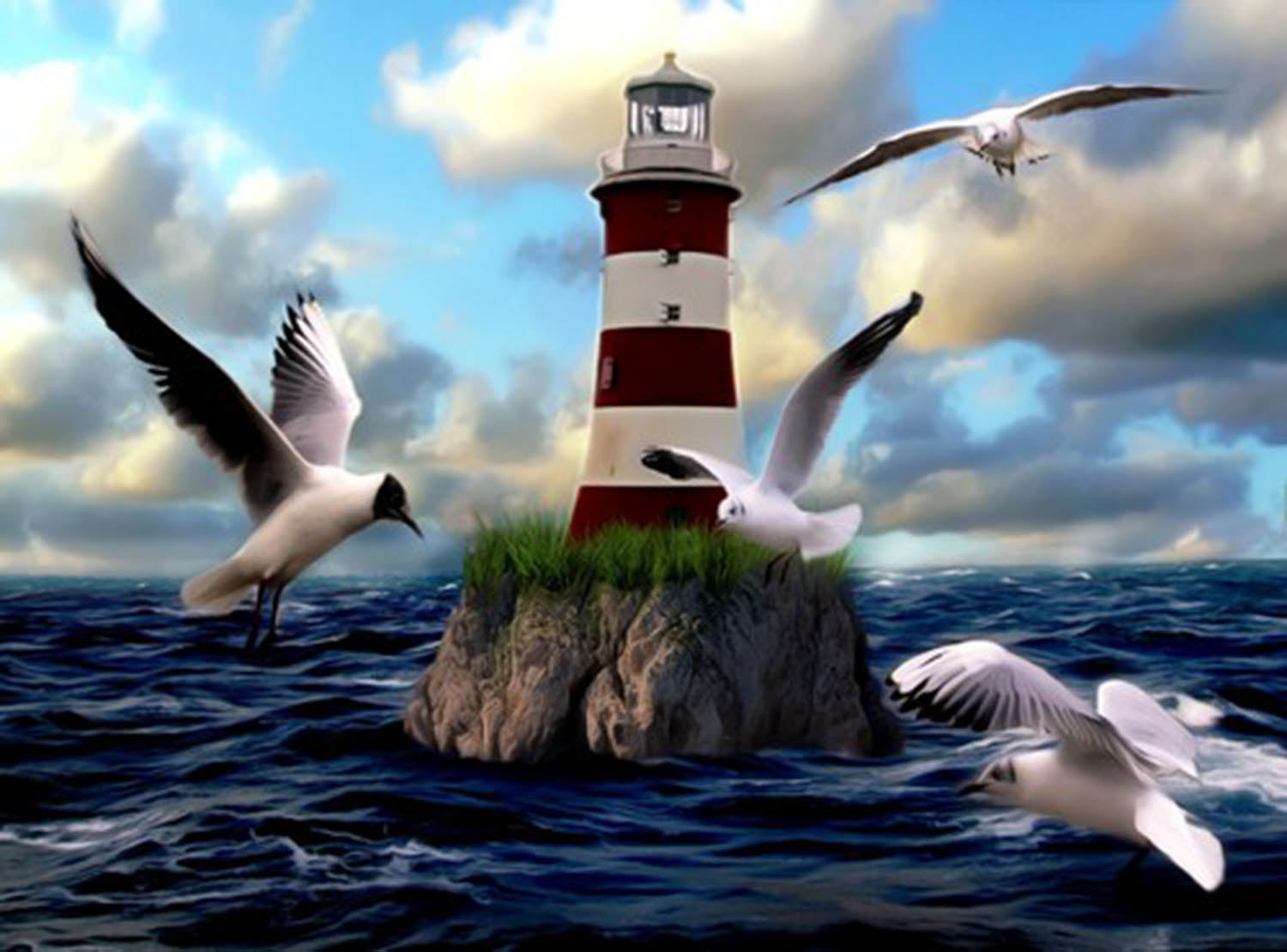 high quality wall art fine art oil painitng handpainted on canvas"Lighthouse and birds" stunningoilpainting.com