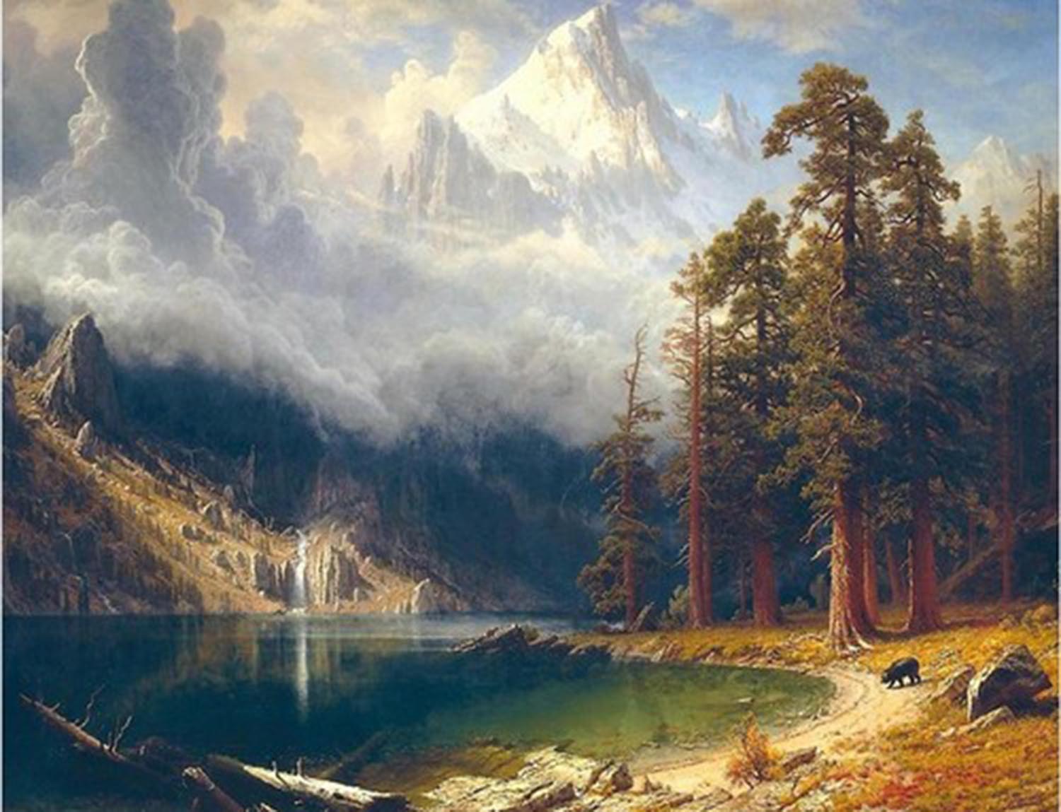 high quality wall art oil painitng handpainted on canvas " Mountains ,lake,bear,woods" stunningoilpainting.com