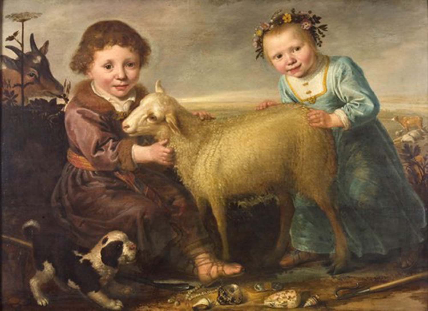 High quality wall art oil painitng handpainted on canvas "Two children with a lamb" stunningoilpainting.com