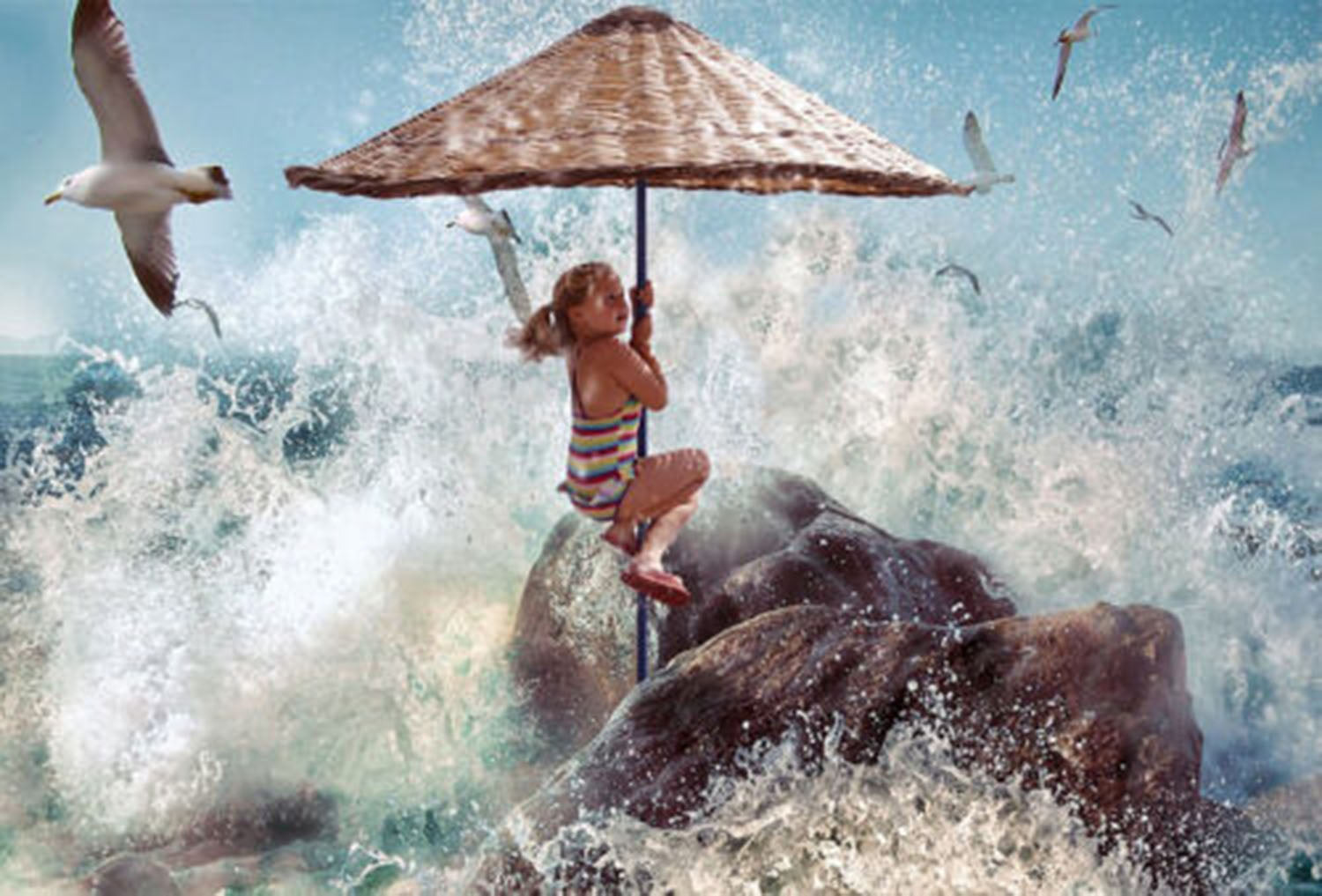 high quality wall art oil painitng handpainted on canvasa "a little girl,seagulls,Sea wave" stunningoilpainting.com