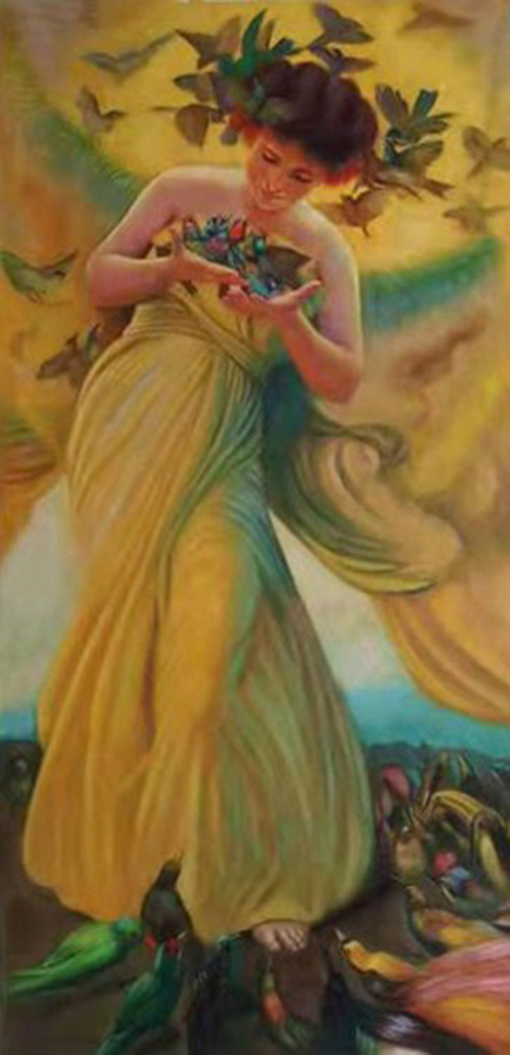 High quality wall art oil painitng handpainted on canvasa "woman with birds " stunningoilpainting.com