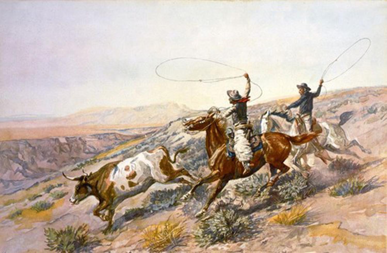 high quality wall art oil painitng handpainted on canvasa " Cowboys Roping a buffalo" stunningoilpainting.com