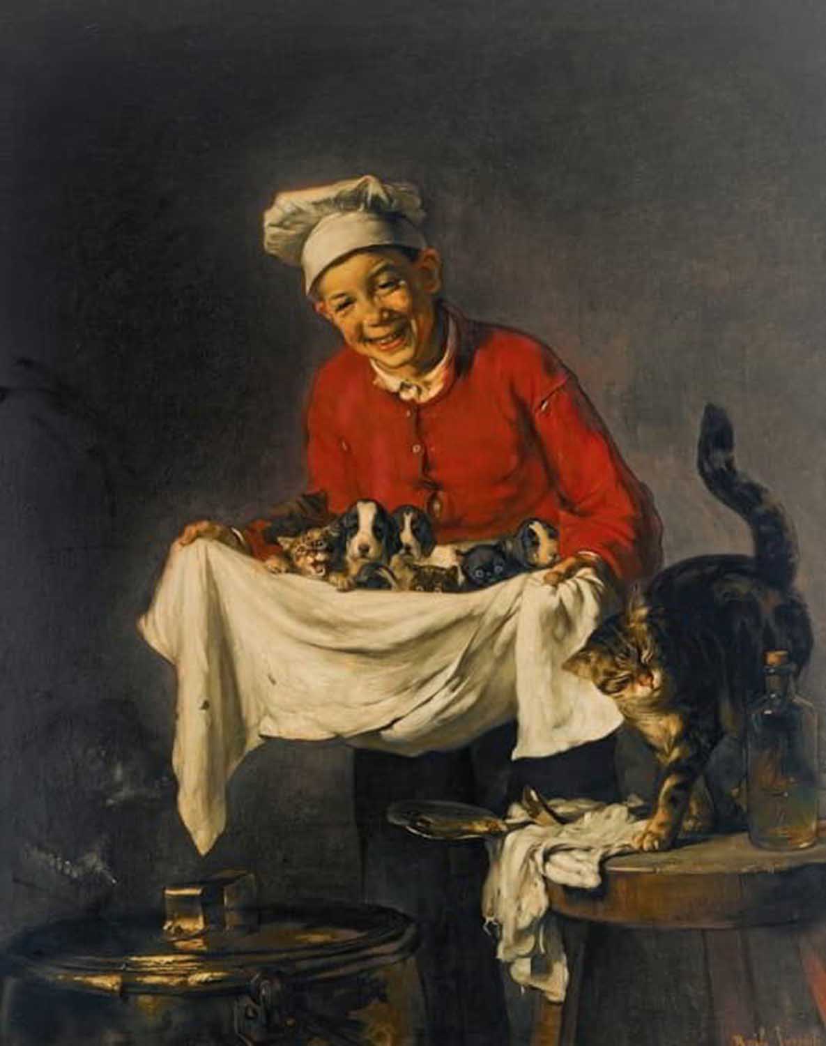 High quality wall art fine art oil painitng handpainted on canvas "Young staff with dogs and cats" stunningoilpainting.com